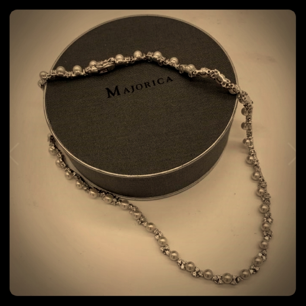 ☆ Vintage Majorica 925 Pearl & Rhinestone Necklace